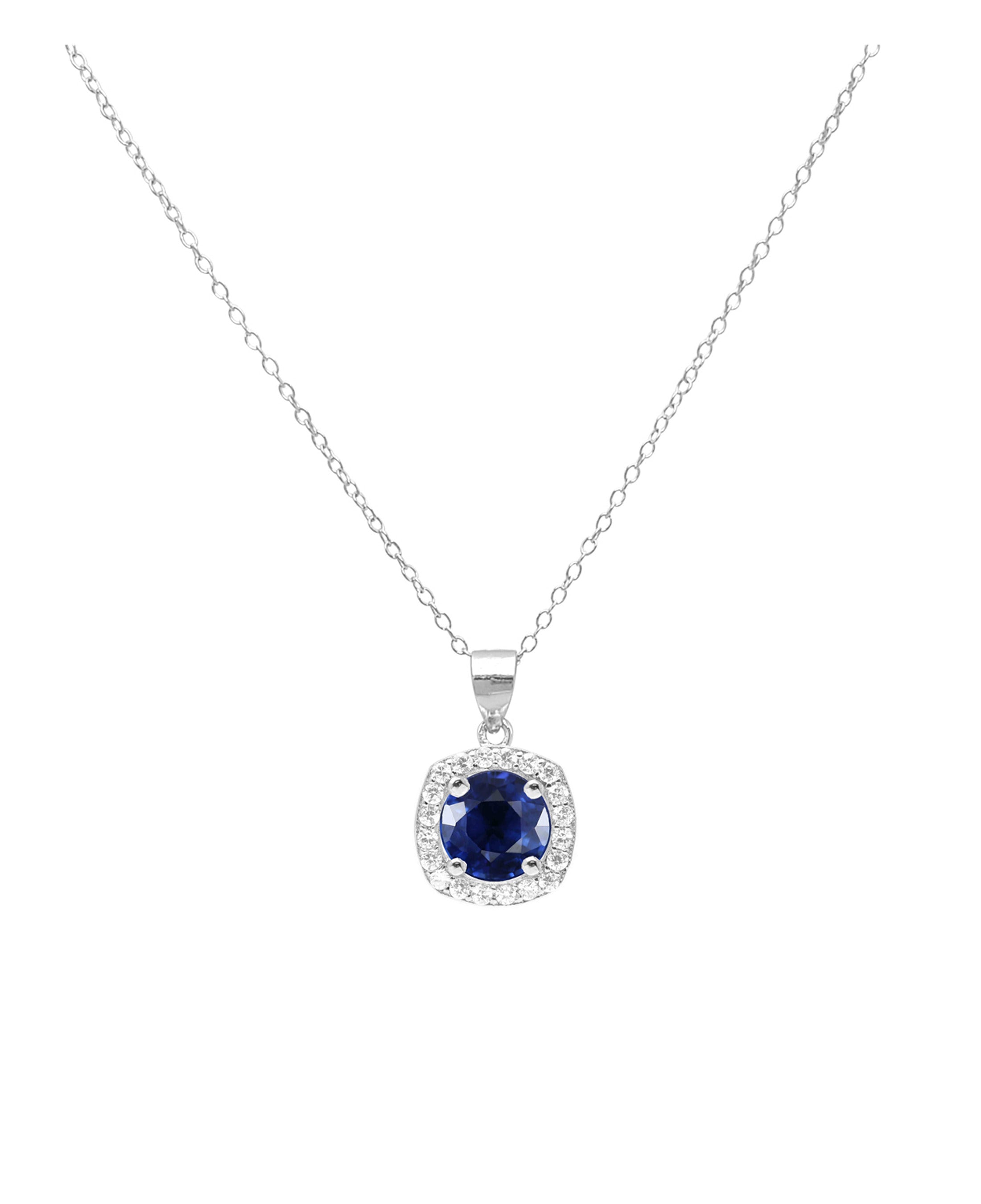 COLLIER EN ARGENT PENDENTIF CARRE AVEC SOLITAIRE BLEU ET PIERRES