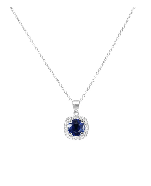 Collier en argent pendentif carré avec solitaire bleu et pierres