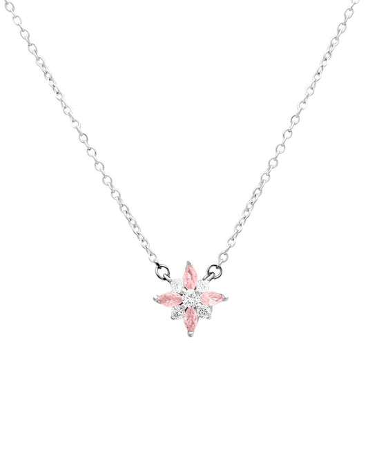 Zilveren ketting met bloemenmotief, witte en roze zirkoniums