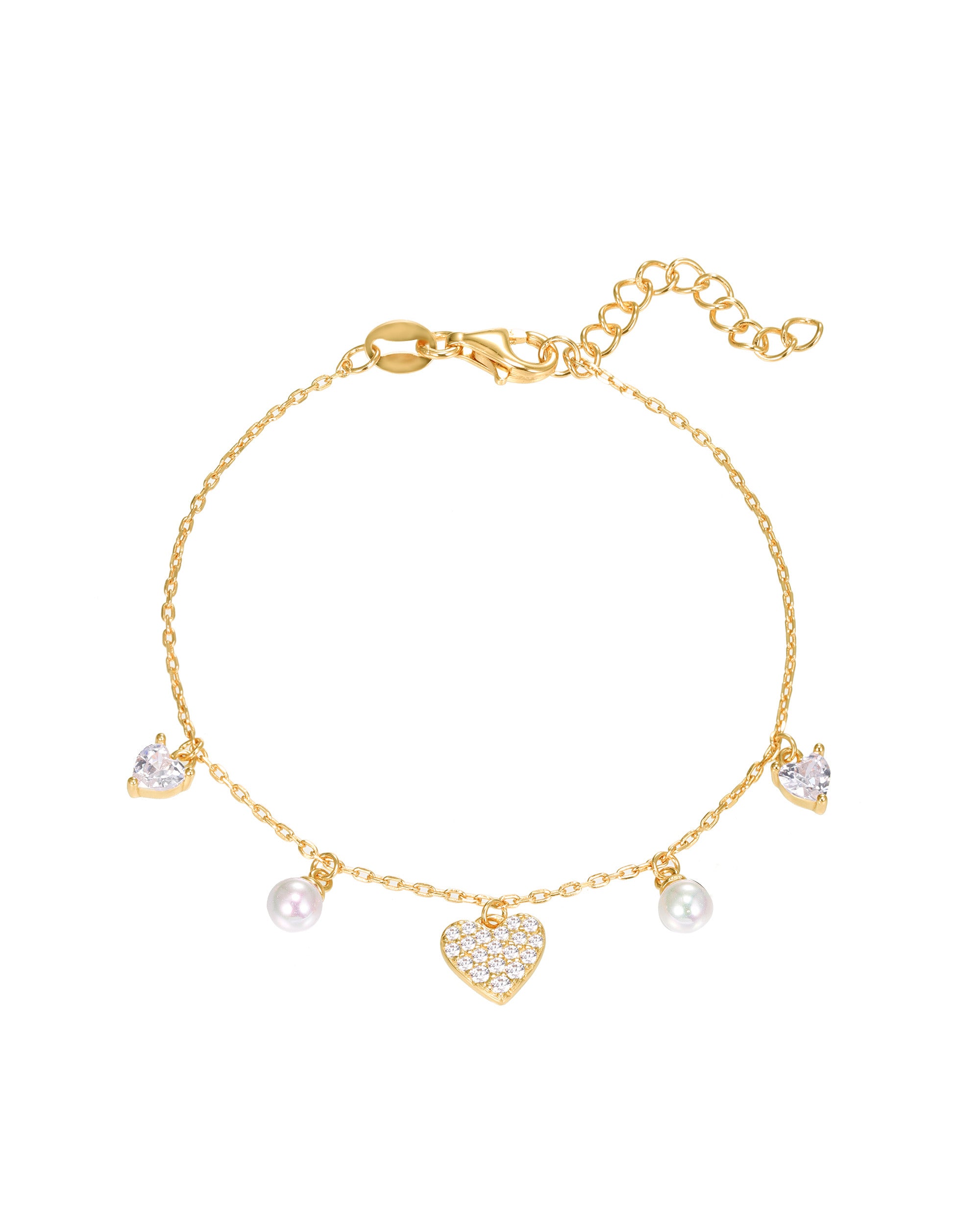 BRACELET EN PLAQUE OR BRELOQUES COEURS ET PERLES