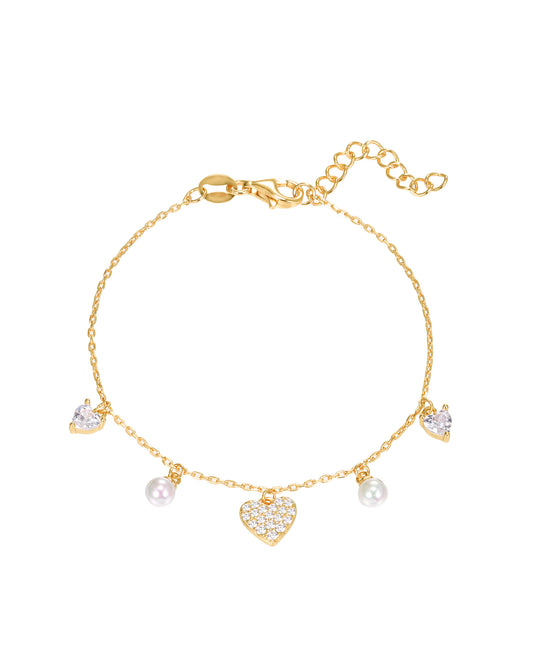 Gold plated bracelet with heart and pearl charms