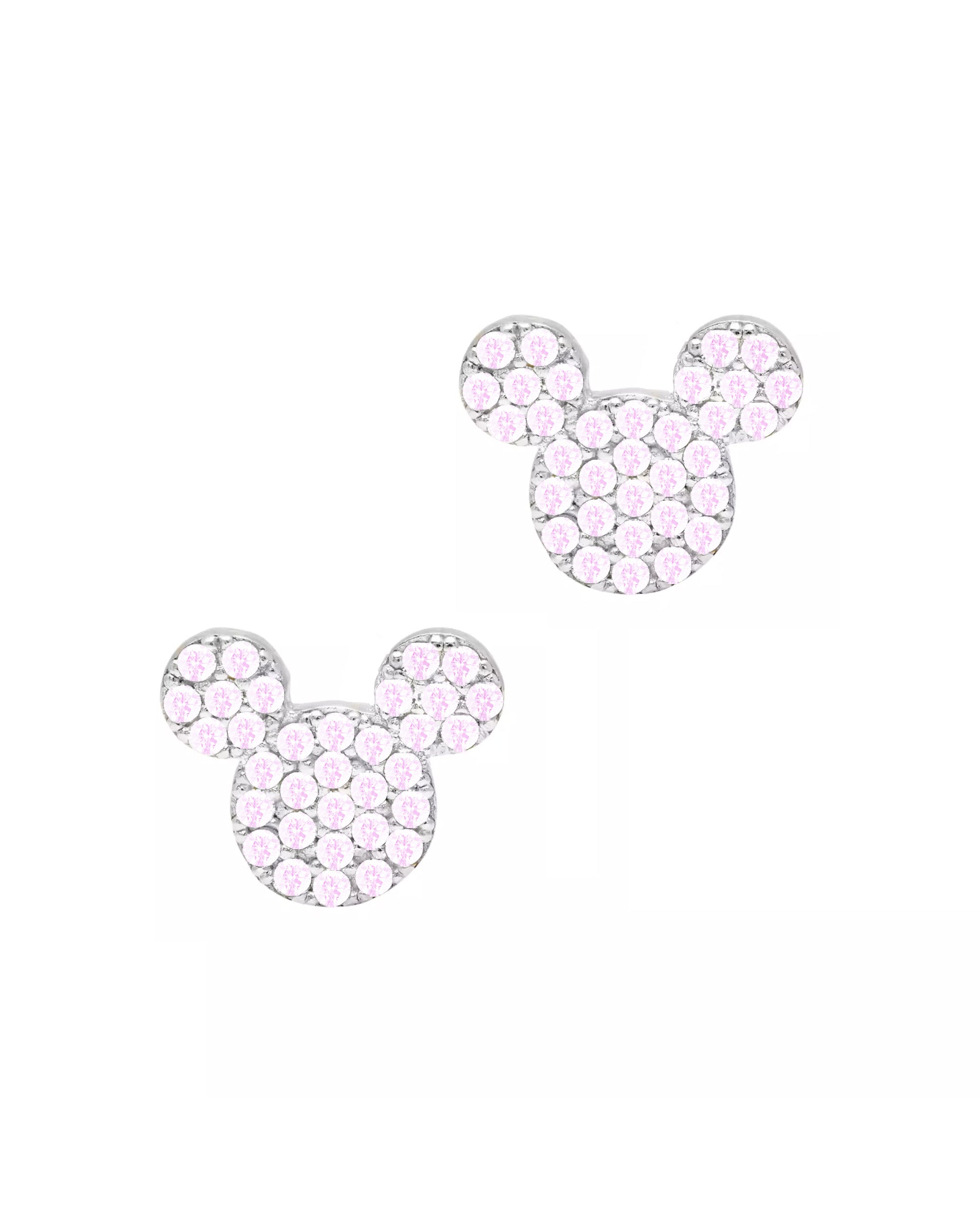 BOUCLES D'OREILLES EN ARGENT MICKEY MOUSE AVEC PIERRES ROSES