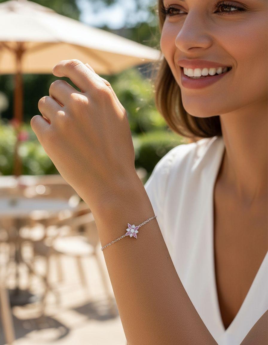 BRACELET EN ARGENT MOTIF FLEUR AVEC ZIRCONIUM BLANCS ET ROSES