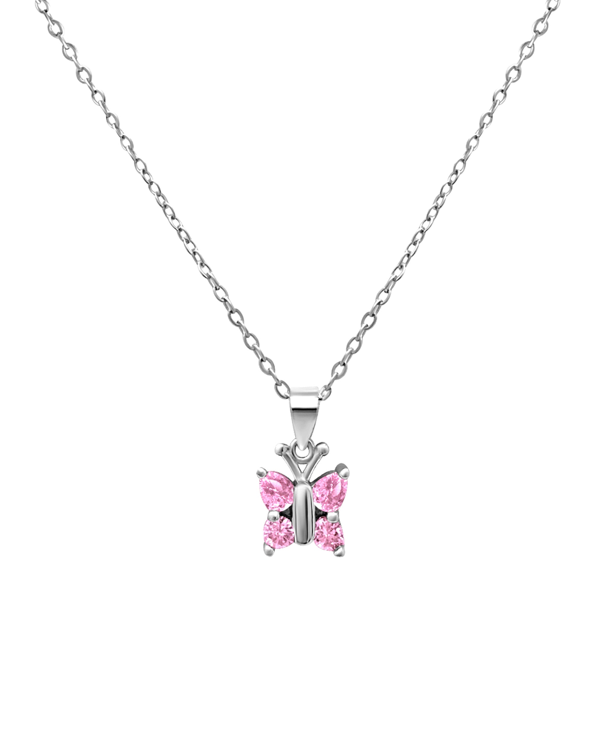 COLLIER EN ARGENT PENDENTIF PAPILLON AVEC PIERRES ROSES