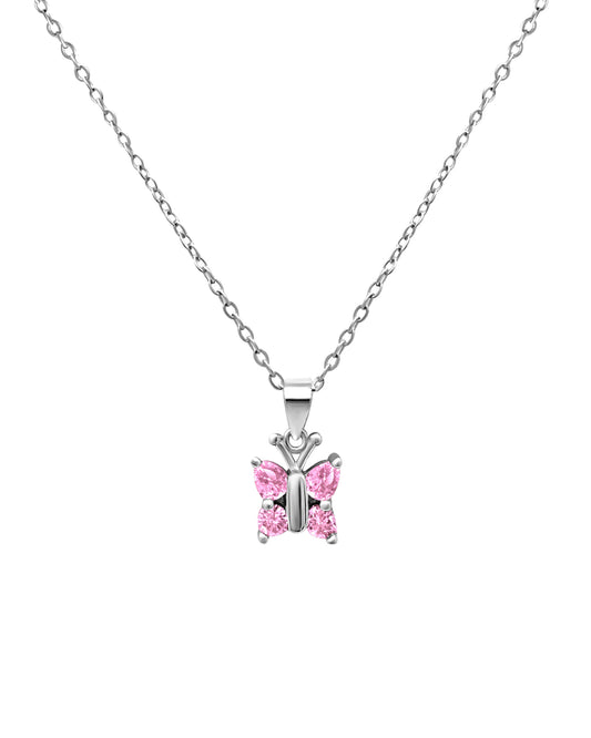 Collier en argent pendentif papillon avec pierres roses
