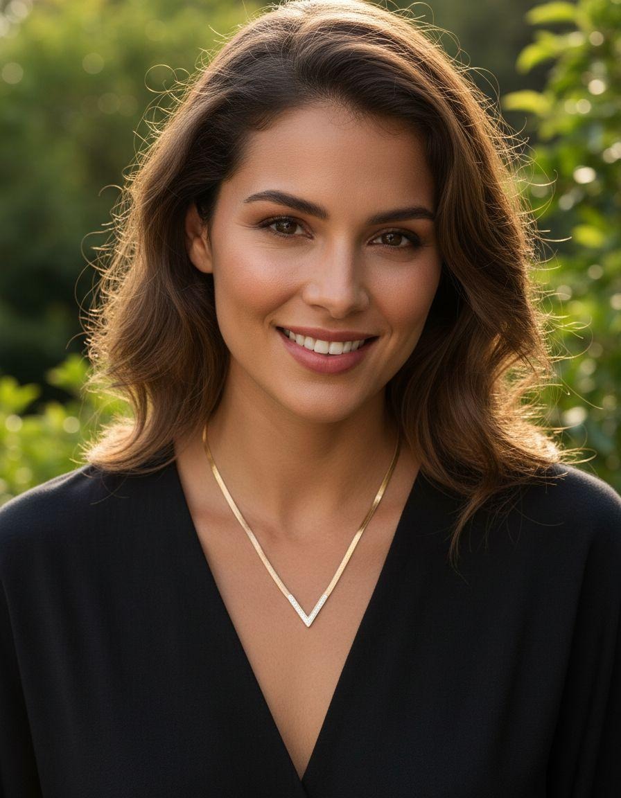 COLLIER EN ACIER DORE MAILLE PLATE MOTIF EN V AVEC STRASS