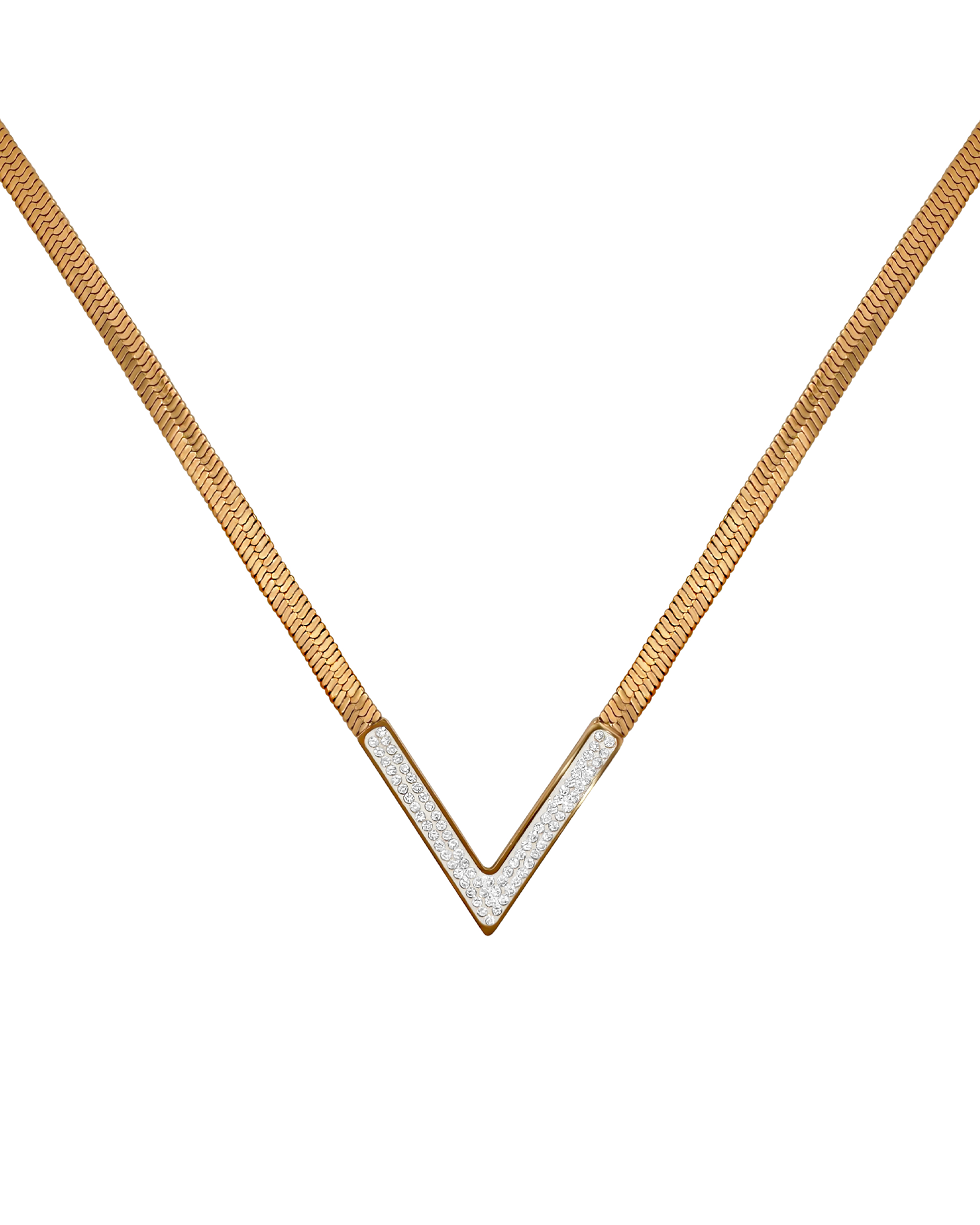 COLLIER EN ACIER DORE MAILLE PLATE MOTIF EN V AVEC STRASS