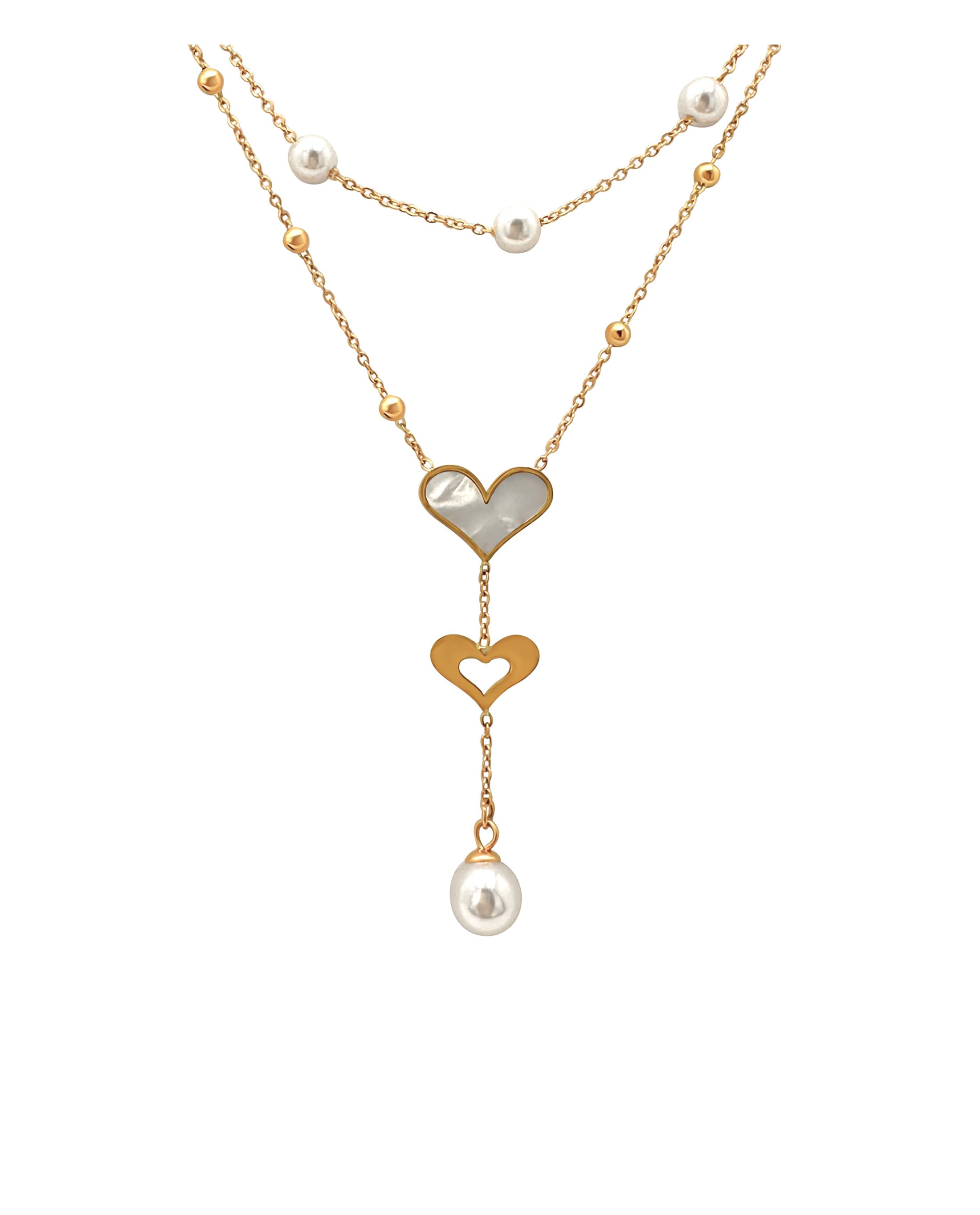 COLLIER DOUBLE EN ACIER DORE PERLES ET COEURS AVEC NACRE