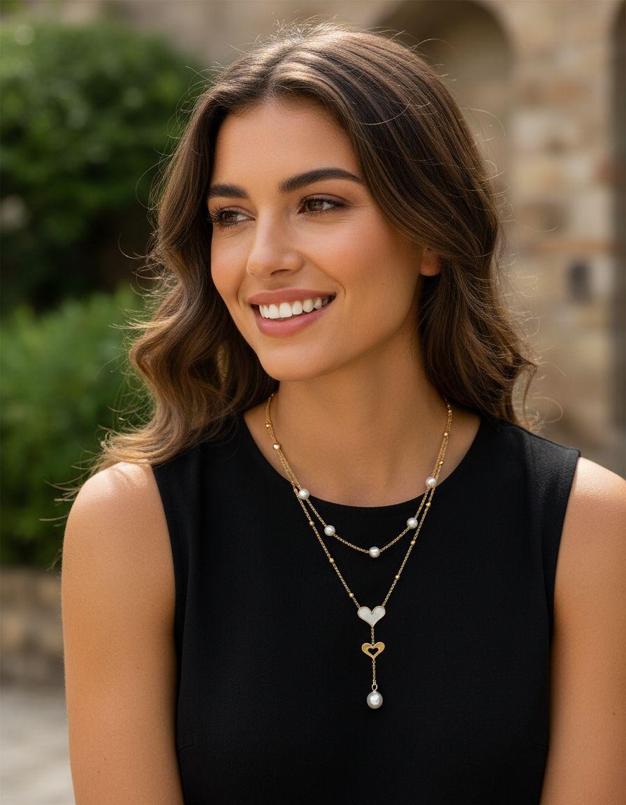 COLLIER DOUBLE EN ACIER DORE PERLES ET COEURS AVEC NACRE