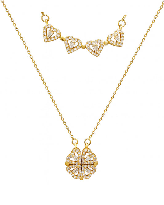 Collier en acier doré pendentif modifiable trèfle et 4 coeurs avec pierres