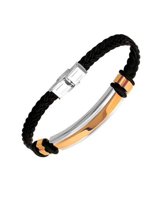 Gevlochten lederen armband met tweekleurige plaquette