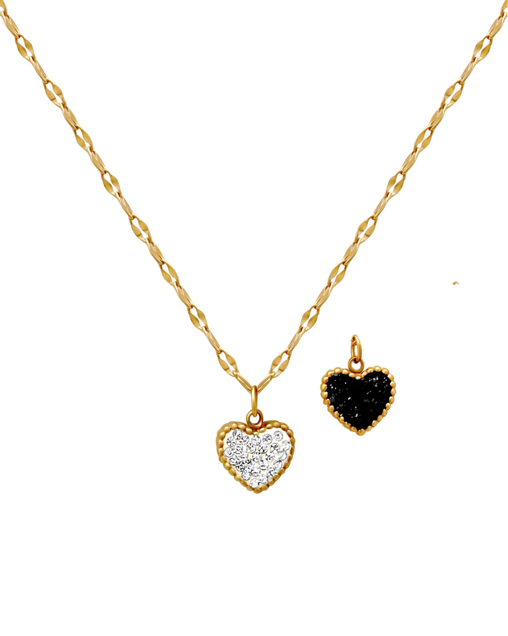 COLLIER EN ACIER DORE PENDENTIF COEUR REVERSIBLE STRASS NOIR ET BLANC