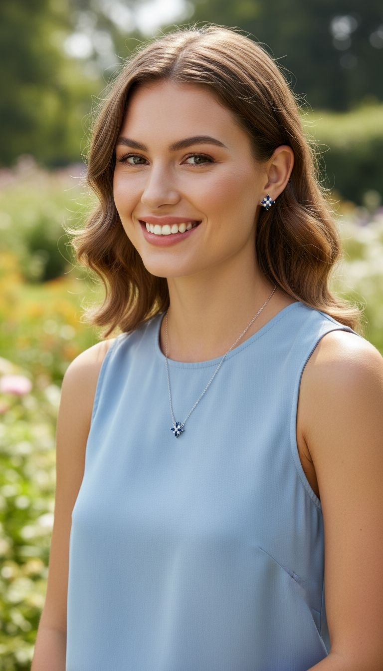 PARURE EN ARGENT MOTIF FLEUR AVEC ZIRCONIUM BLANCS ET SAPHIR