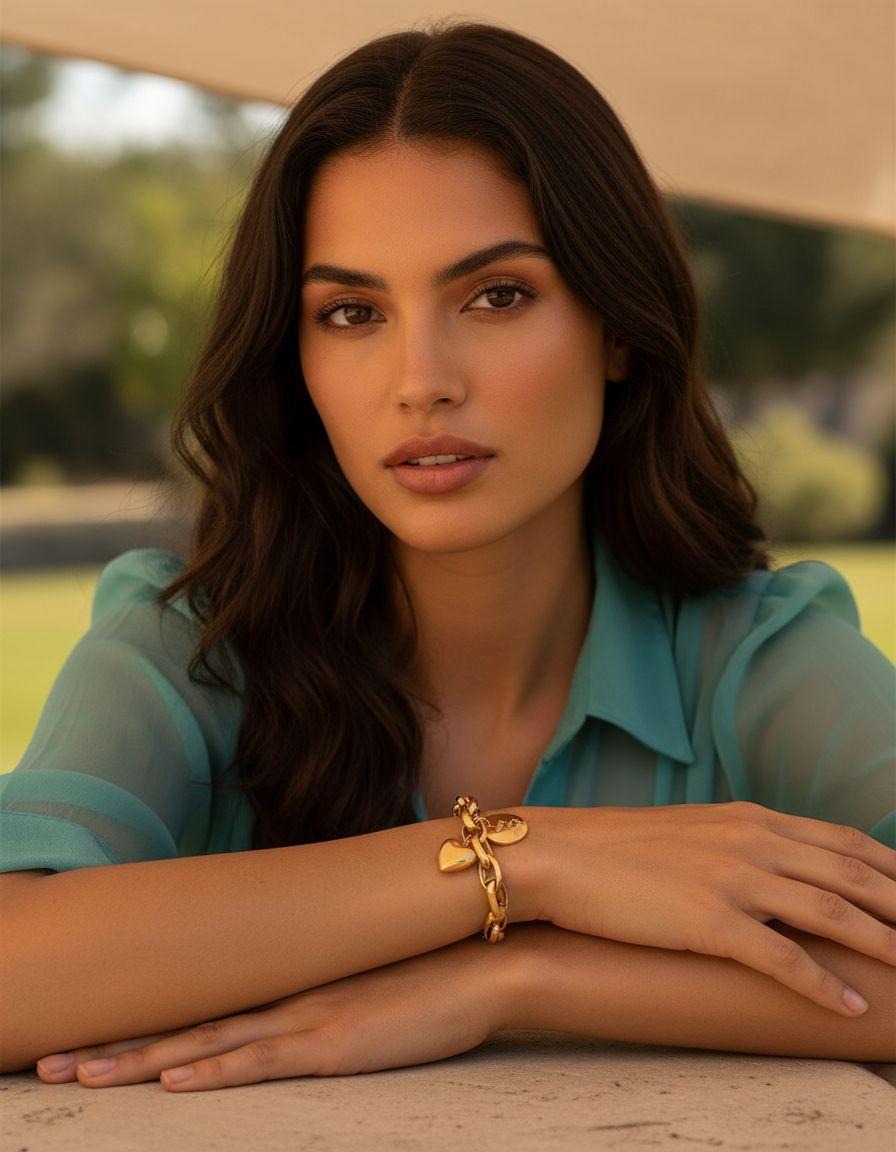 BRACELET ACIER DORE AVEC  COEUR ET PASTILLE PENDANTS