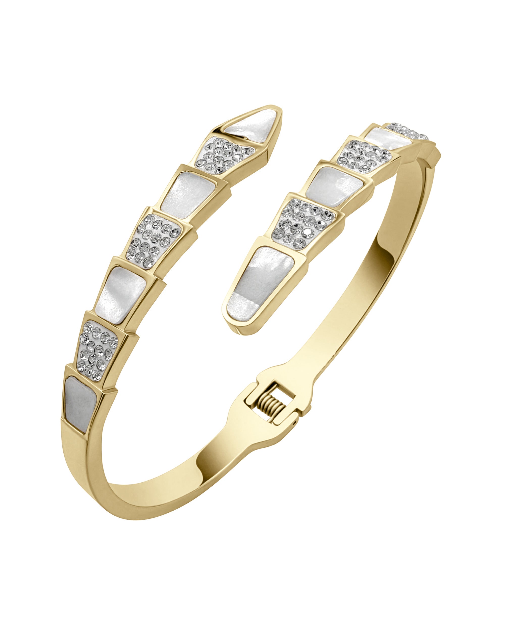 BRACELET RIGIDE EN ACIER DORE AVEC NACRE ET STRASS