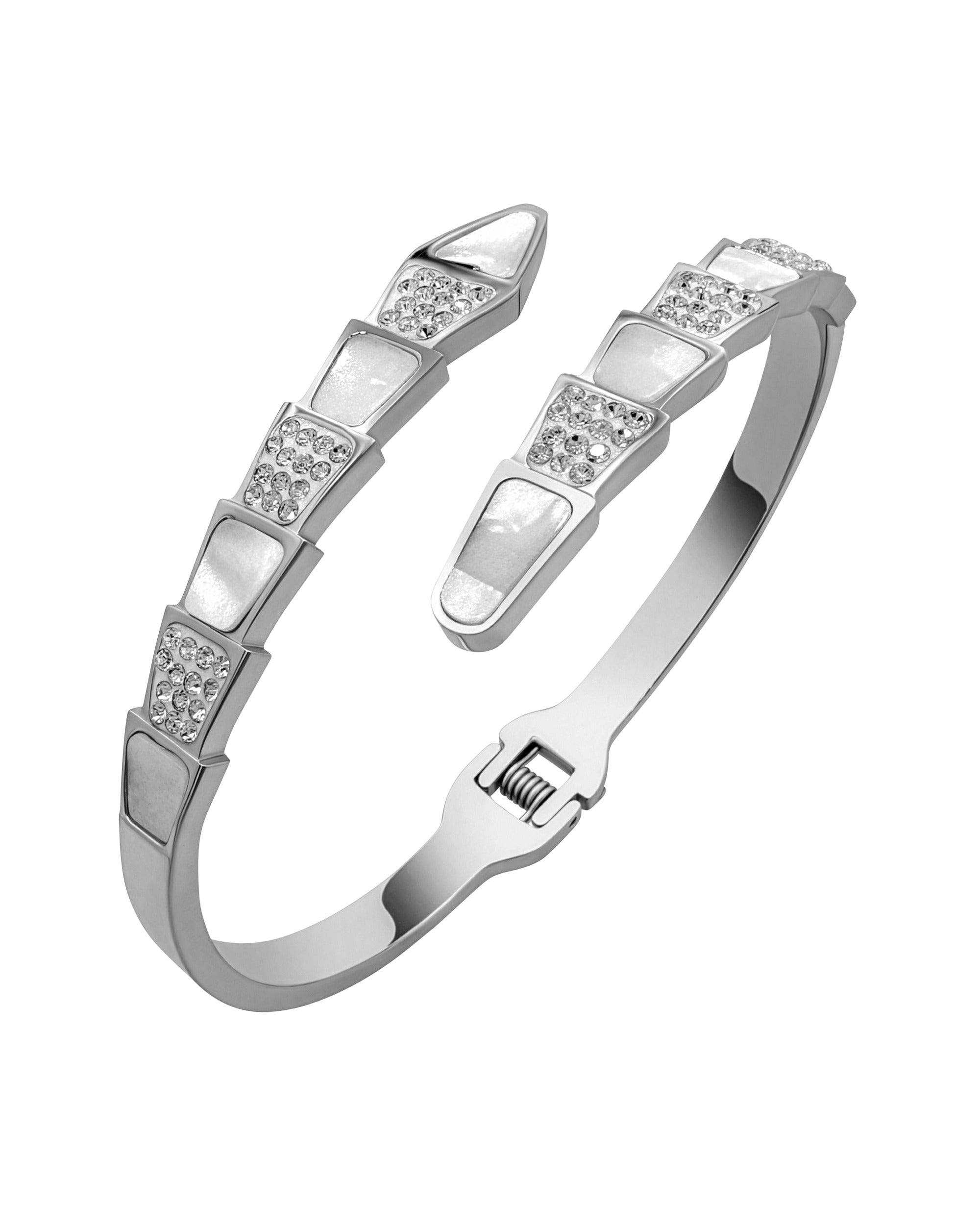 BRACELET RIGIDE EN ACIER  AVEC NACRE ET STRASS