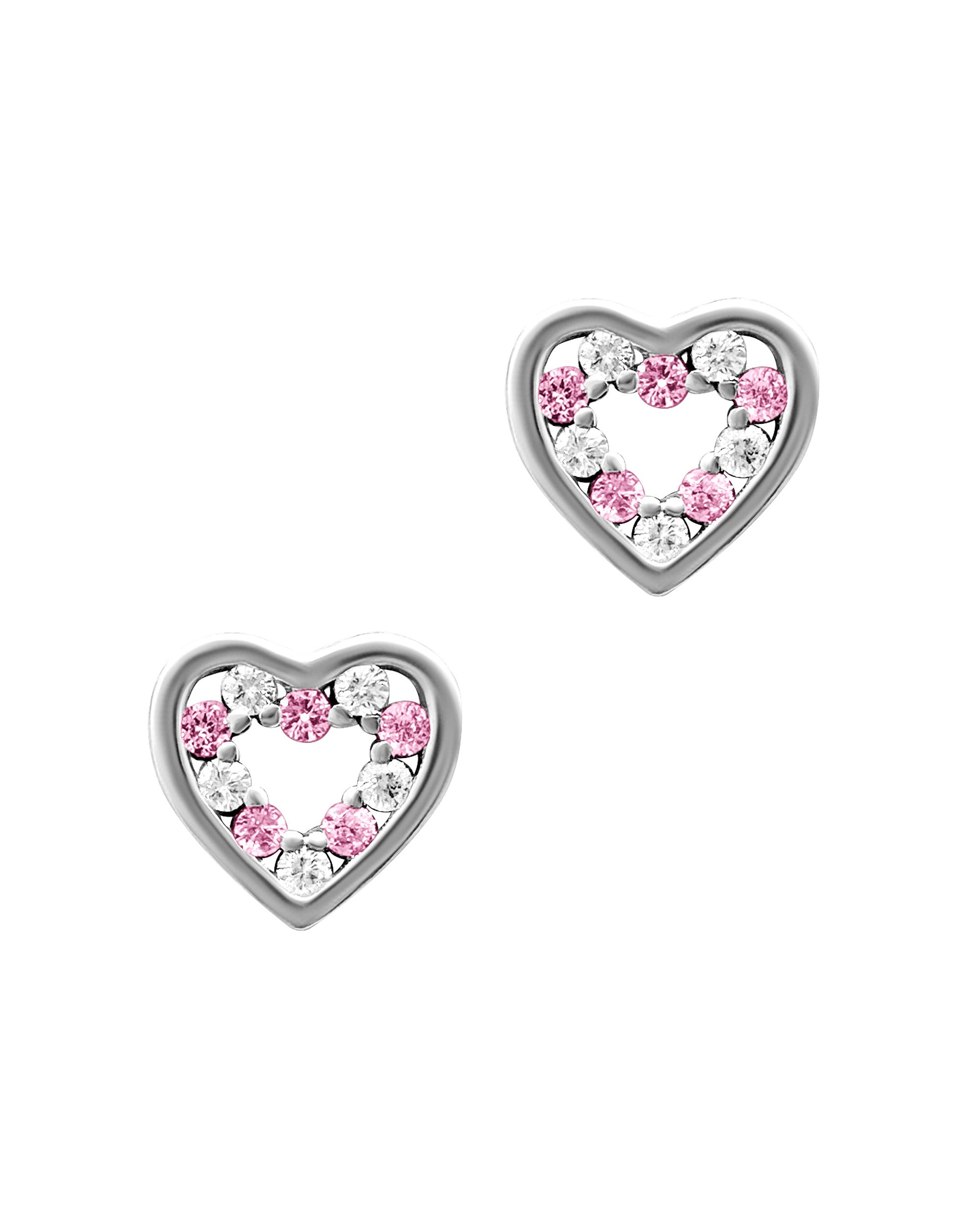 BOUCLES D'OREILLES EN ARGENT COEUR AVEC PIERRES ROSE ET BLANCHE