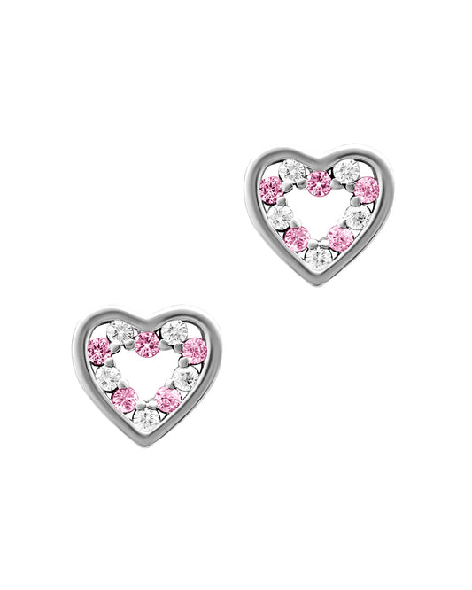 Boucles d'oreilles en argent coeur avec pierres rose et blanche