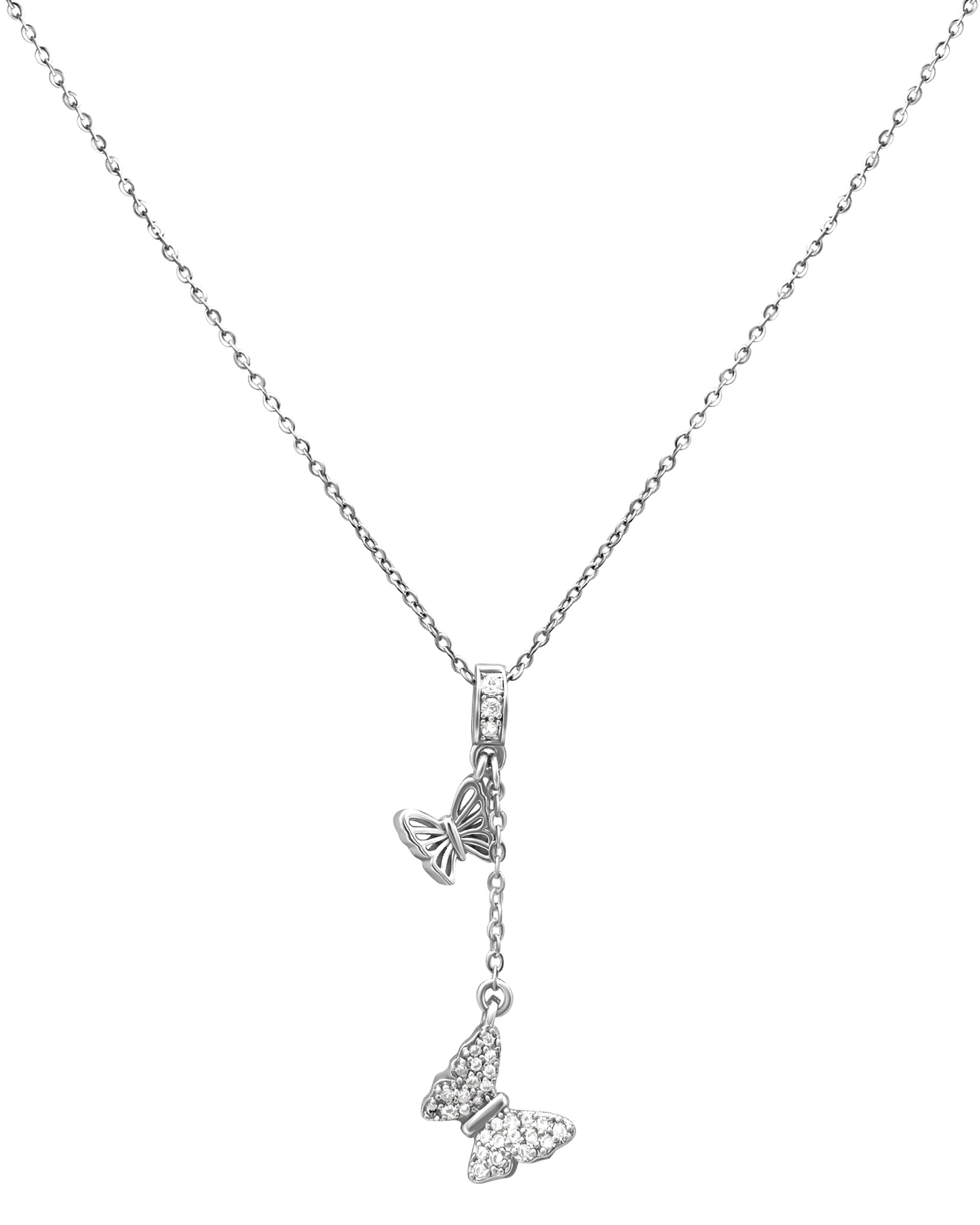 COLLIER EN ACIER PENDENTIF DOUBLE PAPILLONS ET STRASS