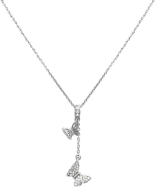Collier en acier pendentif double papillons et strass