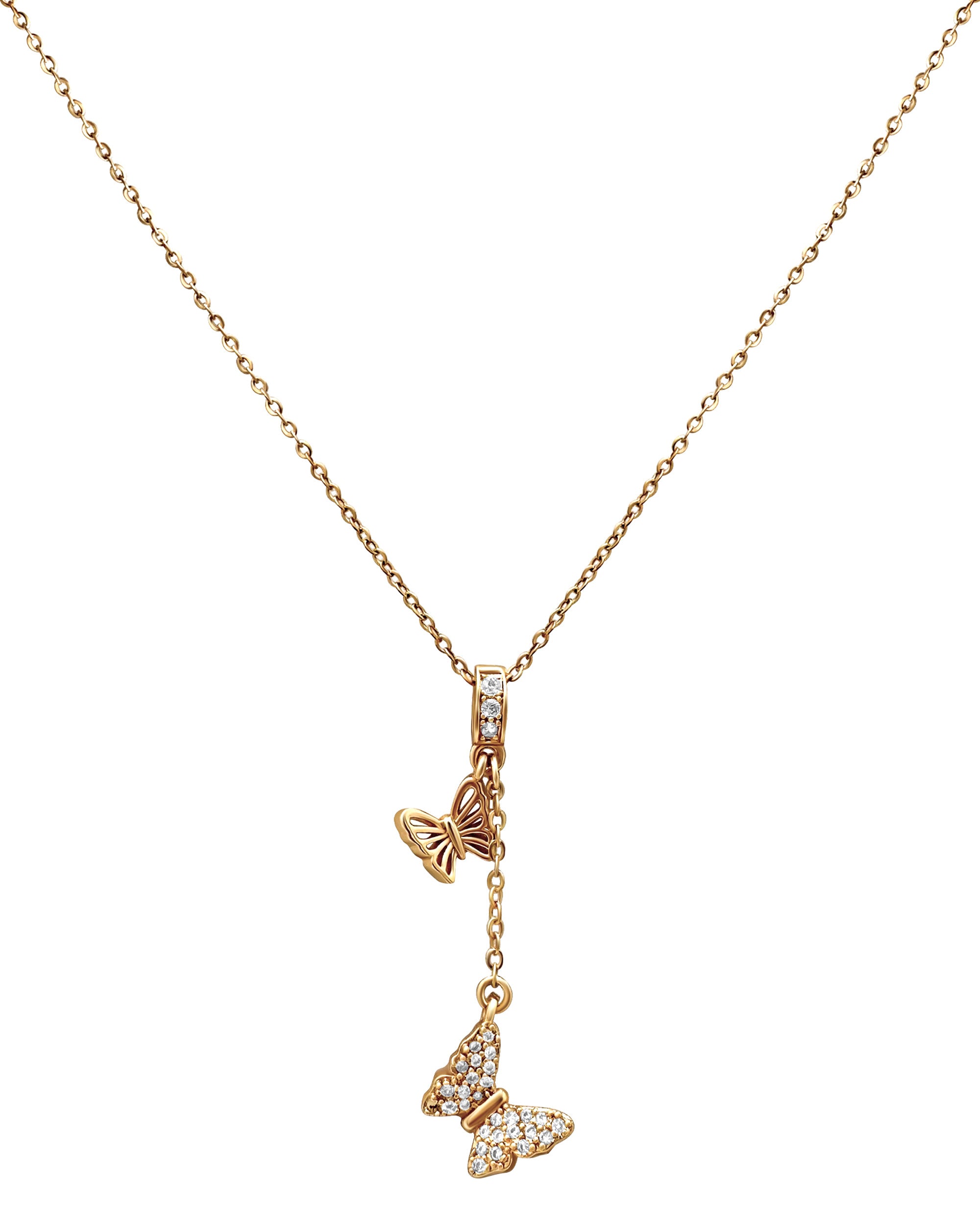 COLLIER EN ACIER DORE PENDENTIF DOUBLE PAPILLONS ET STRASS