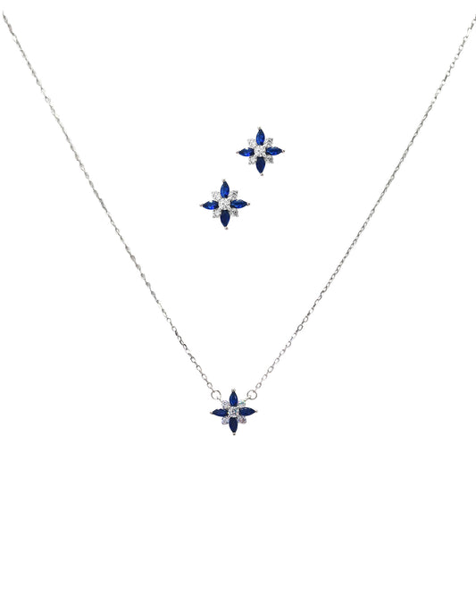 Parure en argent motif fleur avec zirconium blancs et saphir