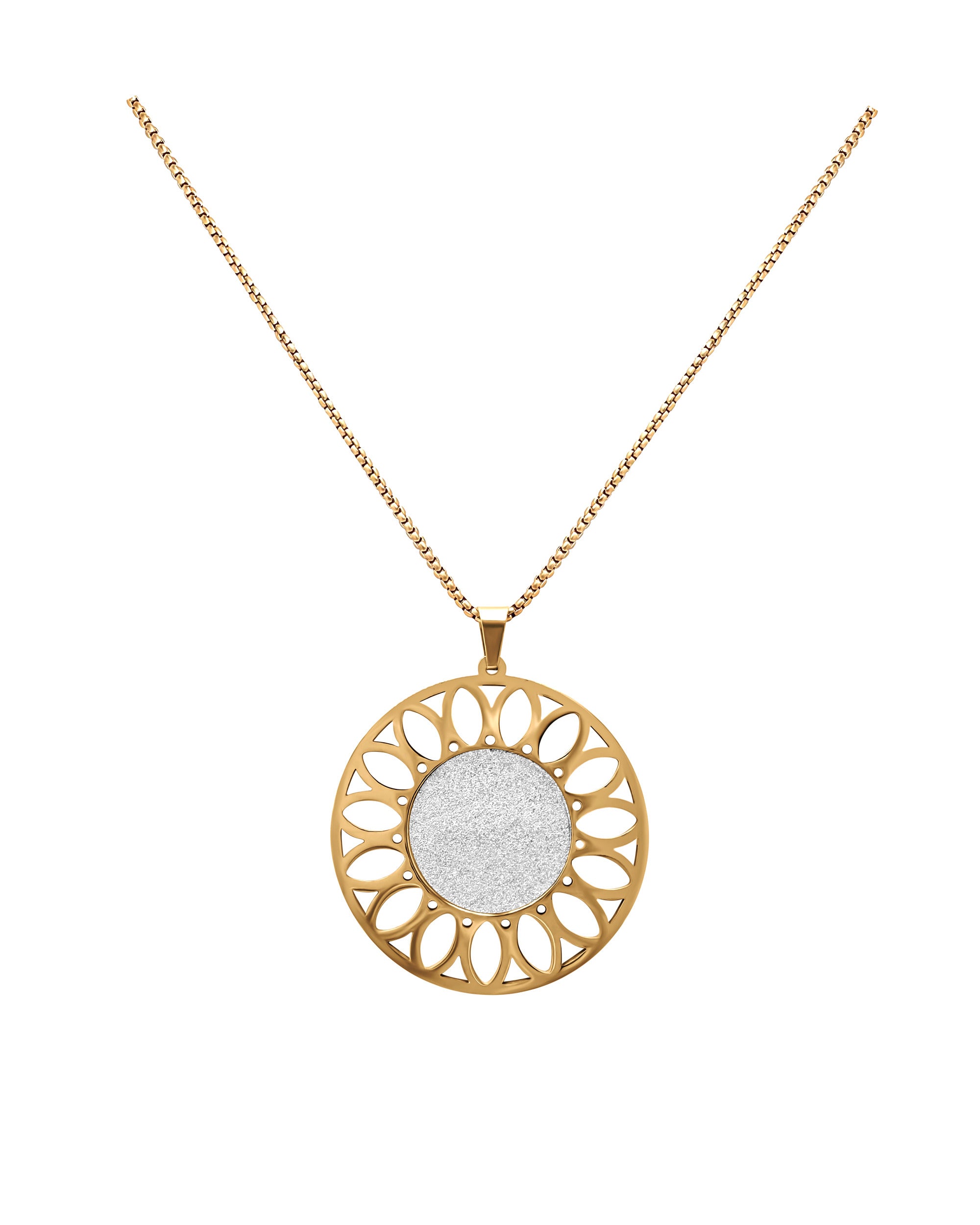 SAUTOIR EN ACIER DORE AVEC PENDENTIF SOLEIL ET PAILLETTES