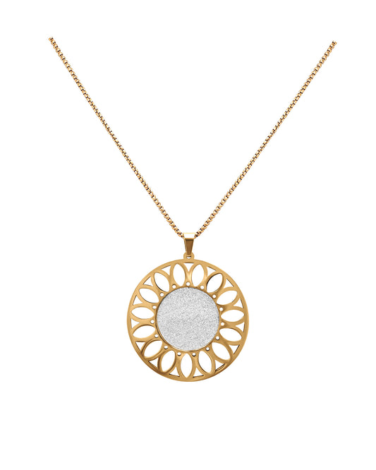 Sautoir en acier doré avec pendentif soleil et paillettes