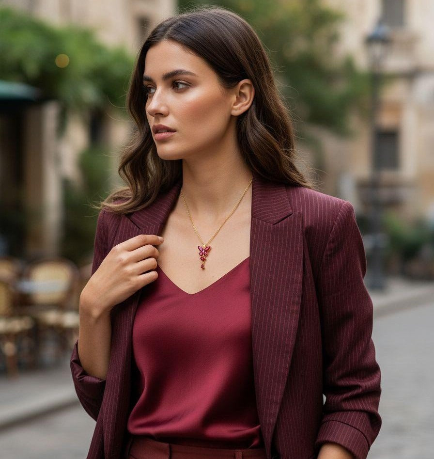 COLLIER EN ACIER PENDENTIF PAPILLON AVEC RUBIS