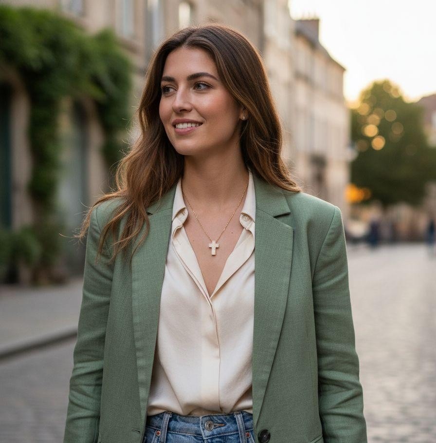 COLLIER EN ACIER DORE PENDENTIF CROIX AVEC PIERRES