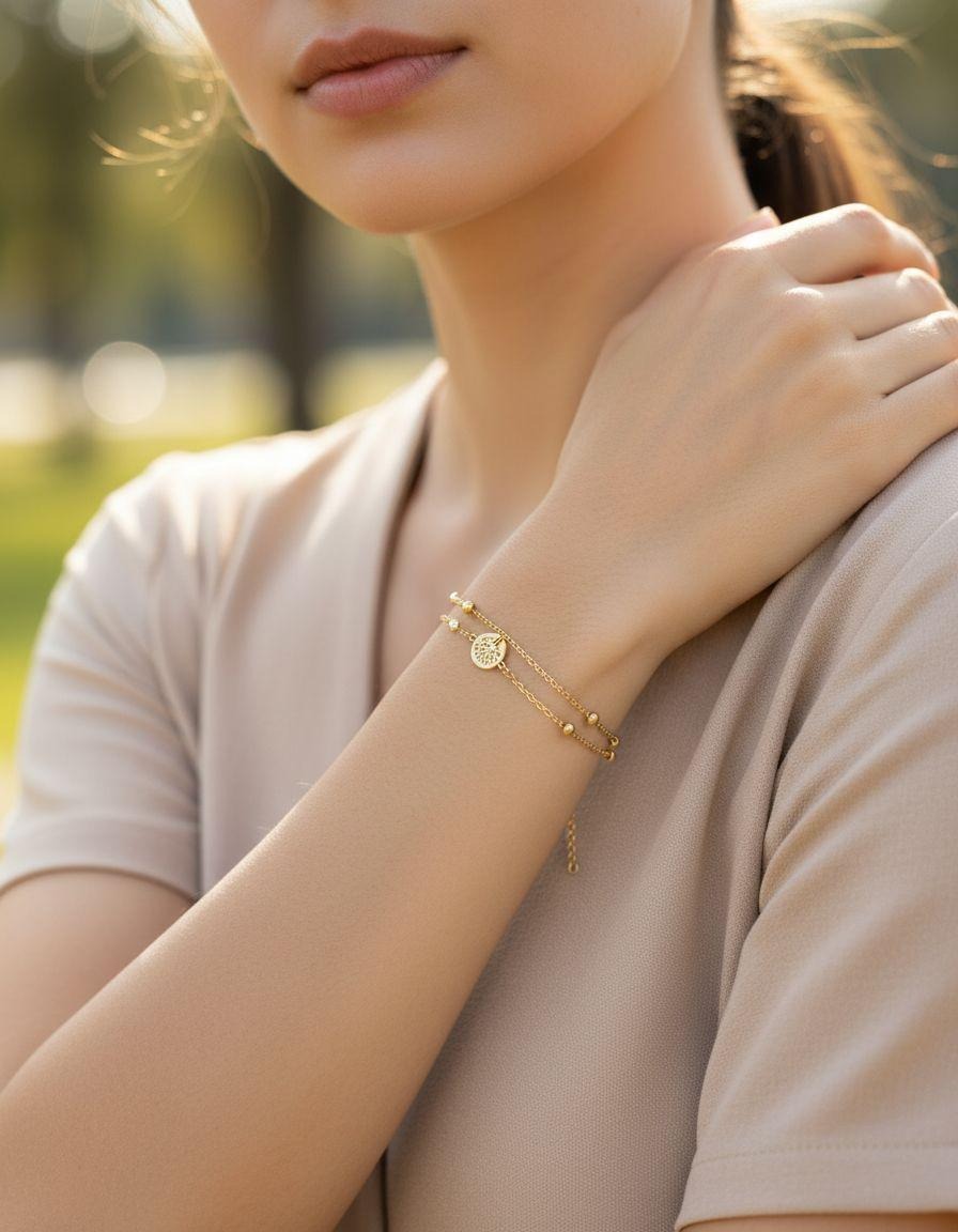 BRACELET EN ACIER DOUBLE  MAILLE ARBRE DE VIE ET BILLES