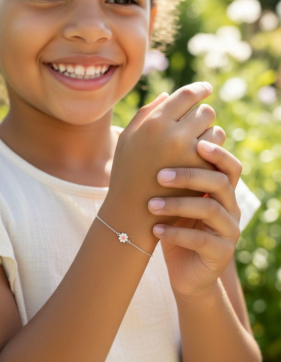 BRACELET EN ARGENT POUR ENFANT MOTIF FLEUR BLANC ET ROSE