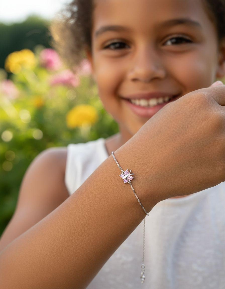 BRACELET EN ARGENT ENFANT  PAPILLON ROSE