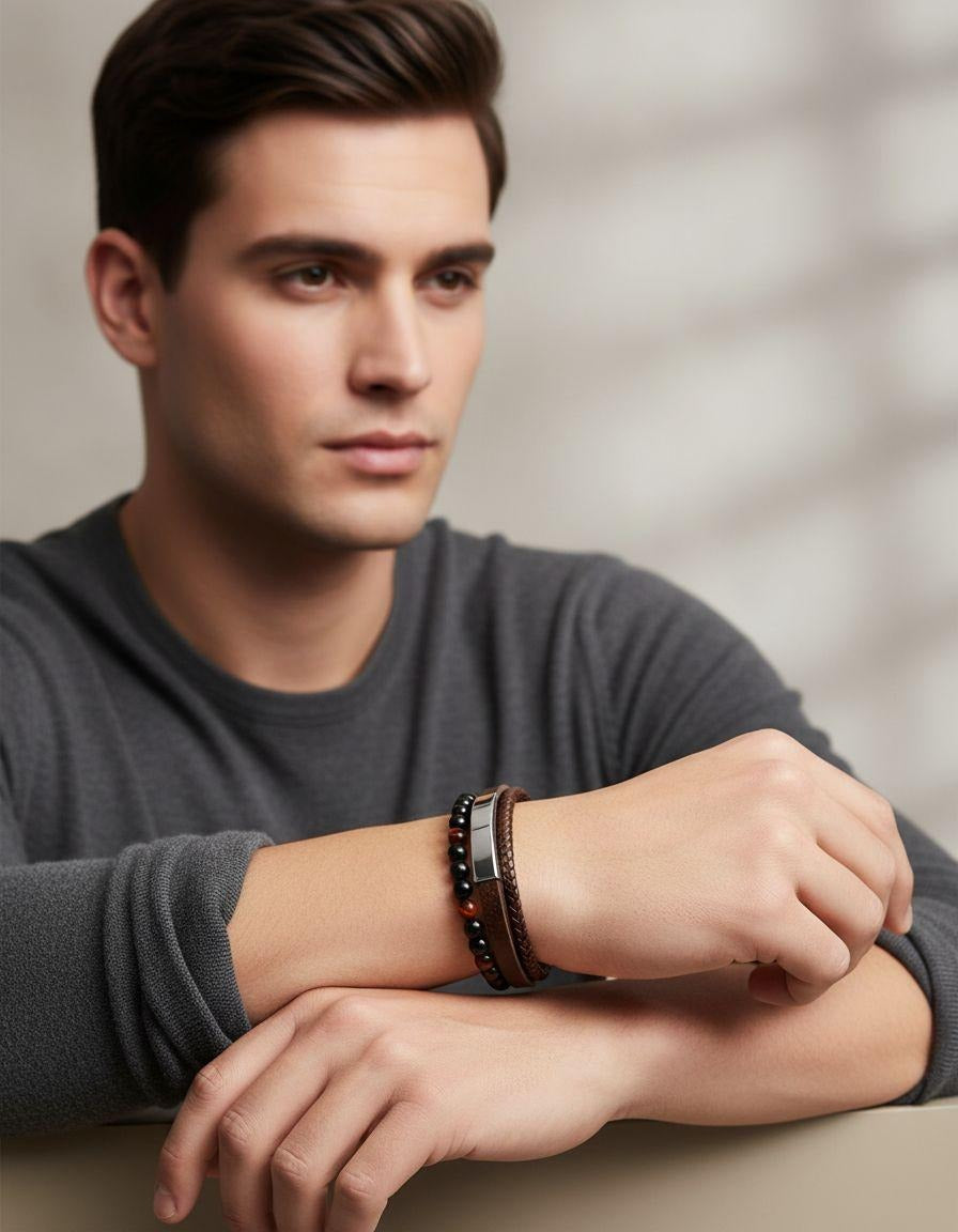 BRACELET EN CUIR ET PIERRES OEIL DE TIGRE