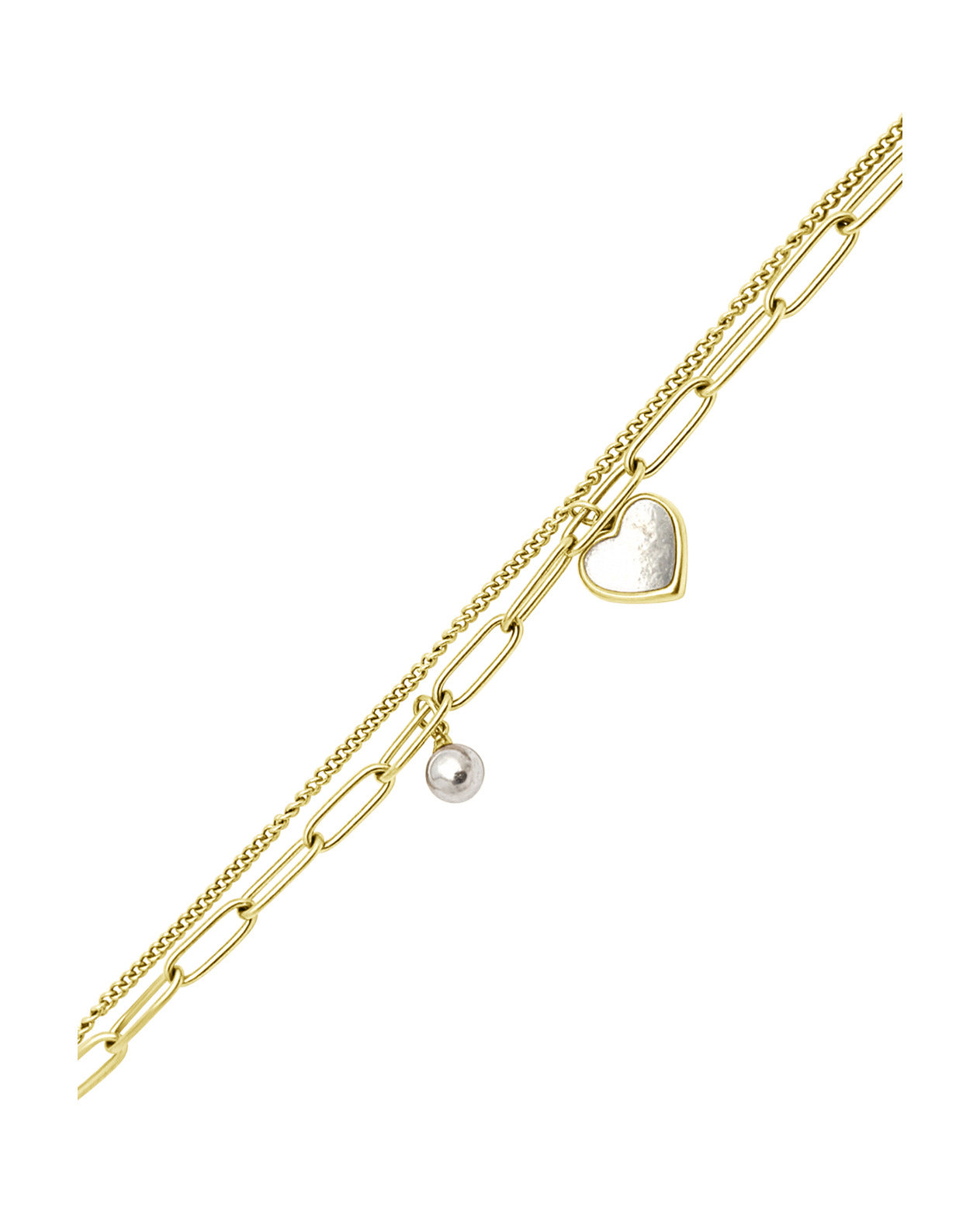 BRACELET EN ACIER DORE DOUBLE MAILLE COEUR NACRE ET PERLE