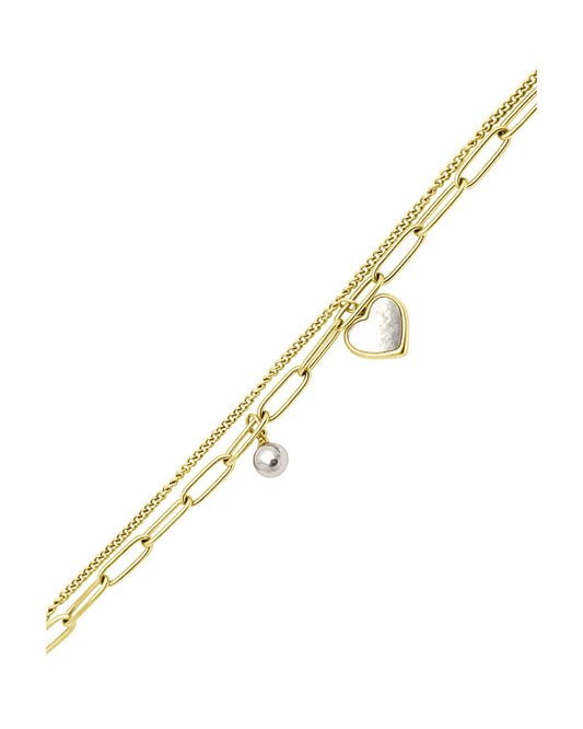 Bracelet en acier doré double maille avec charms cœur nacré et perle