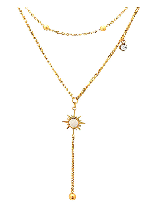 Collier en acier double maille soleil billes et strass
