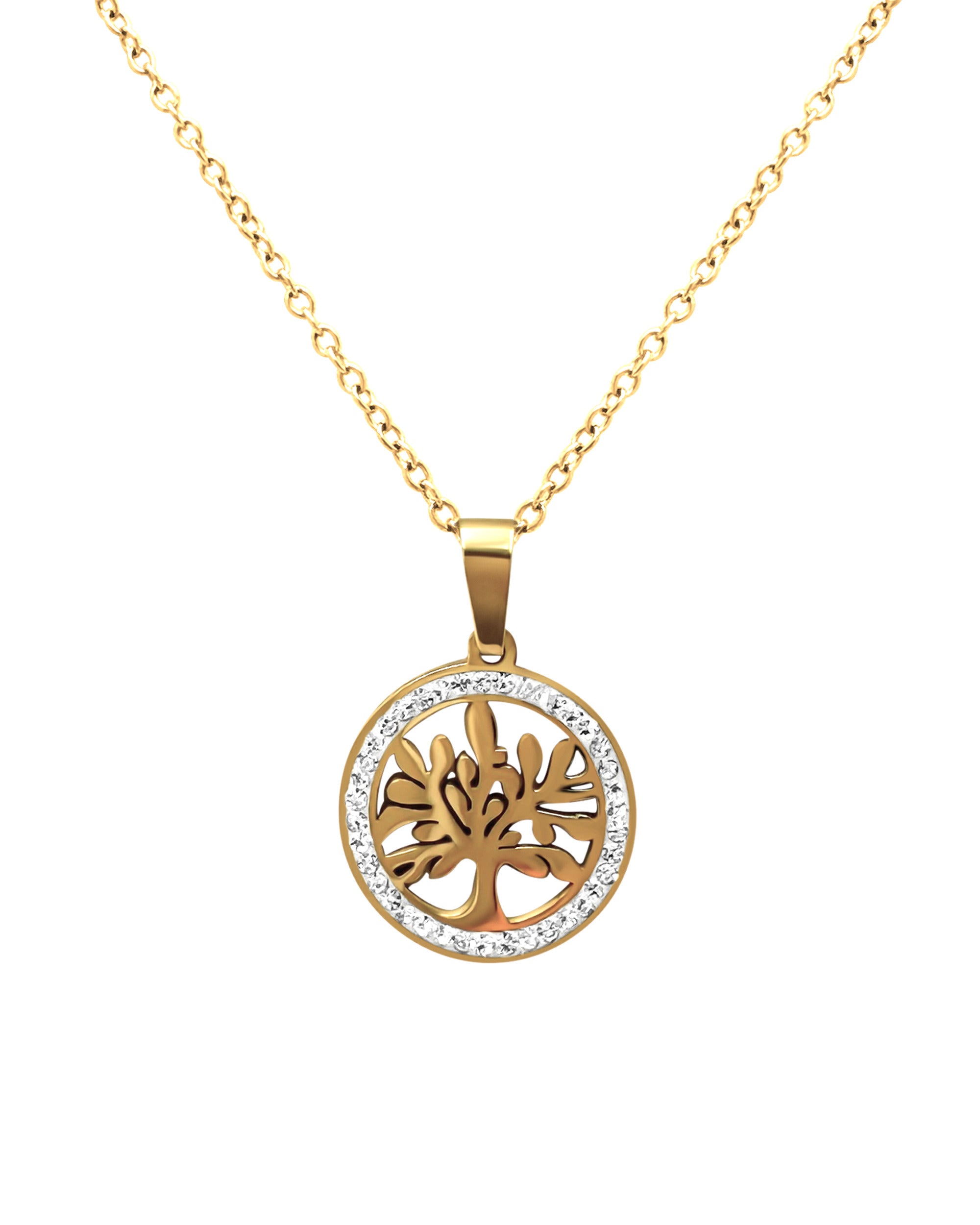 COLLIER EN ACIER DORE PENDENTIF ARBRE DE VIE AVEC STRASS