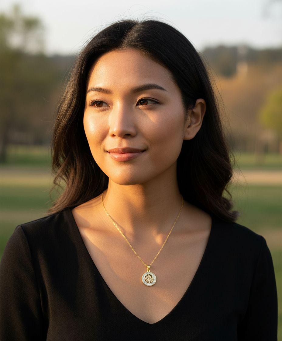 COLLIER EN ACIER DORE PENDENTIF ARBRE DE VIE AVEC STRASS