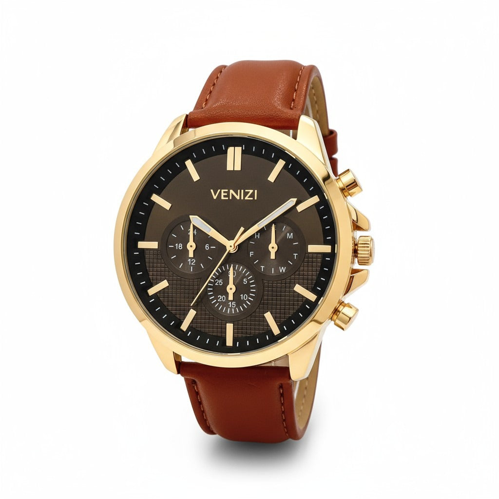 Montre Venizi dorée cadran noir bracelet camel