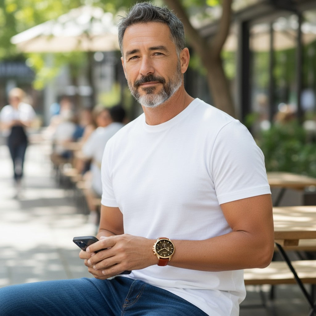 Montre Venizi dorée cadran noir bracelet camel