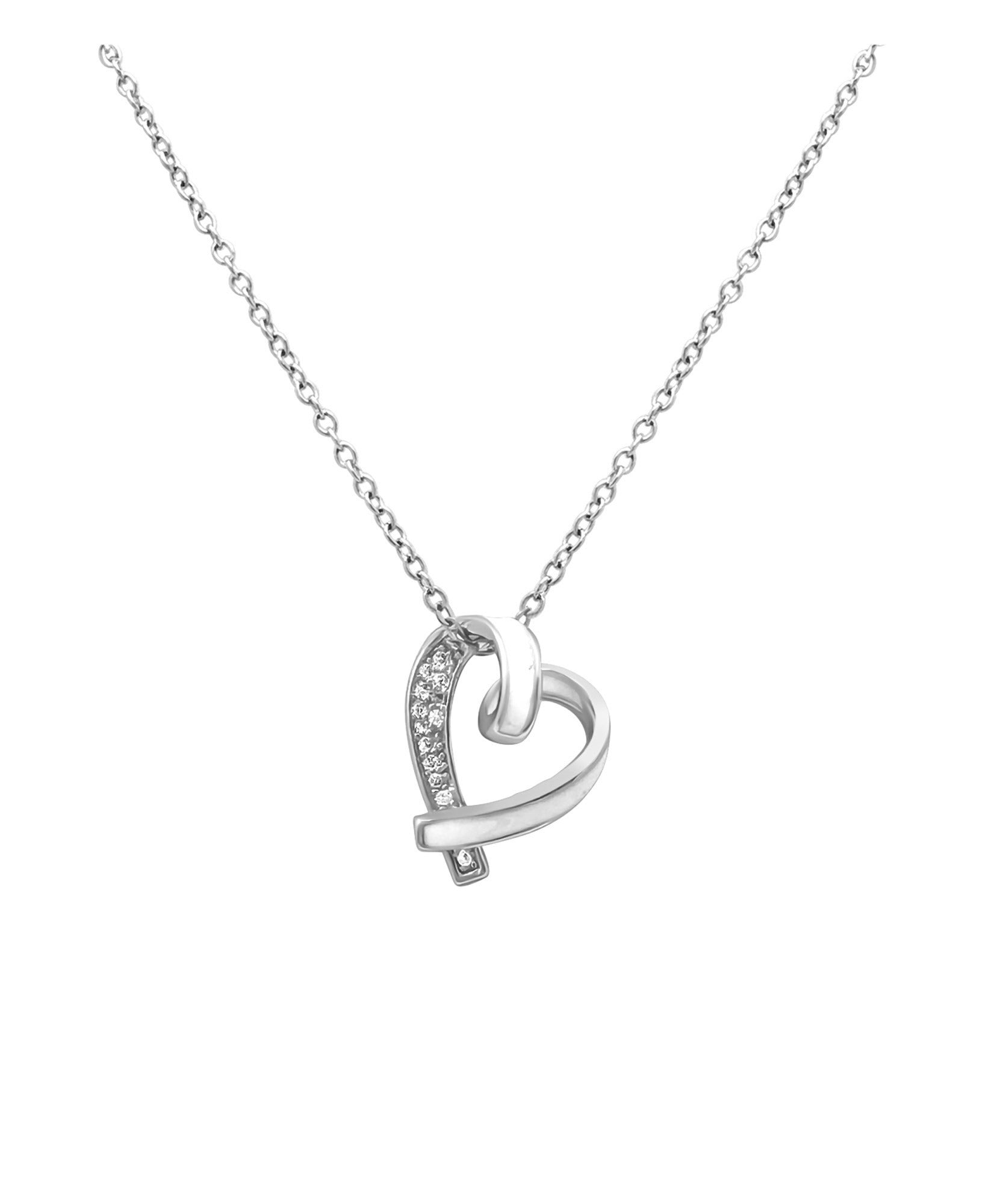 COLLIER EN ACIER PENDENTIF COEUR AVEC EMAIL BLANC ET STRASS