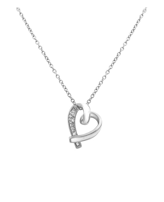 Collier en acier pendentif coeur avec émail blanc et strass