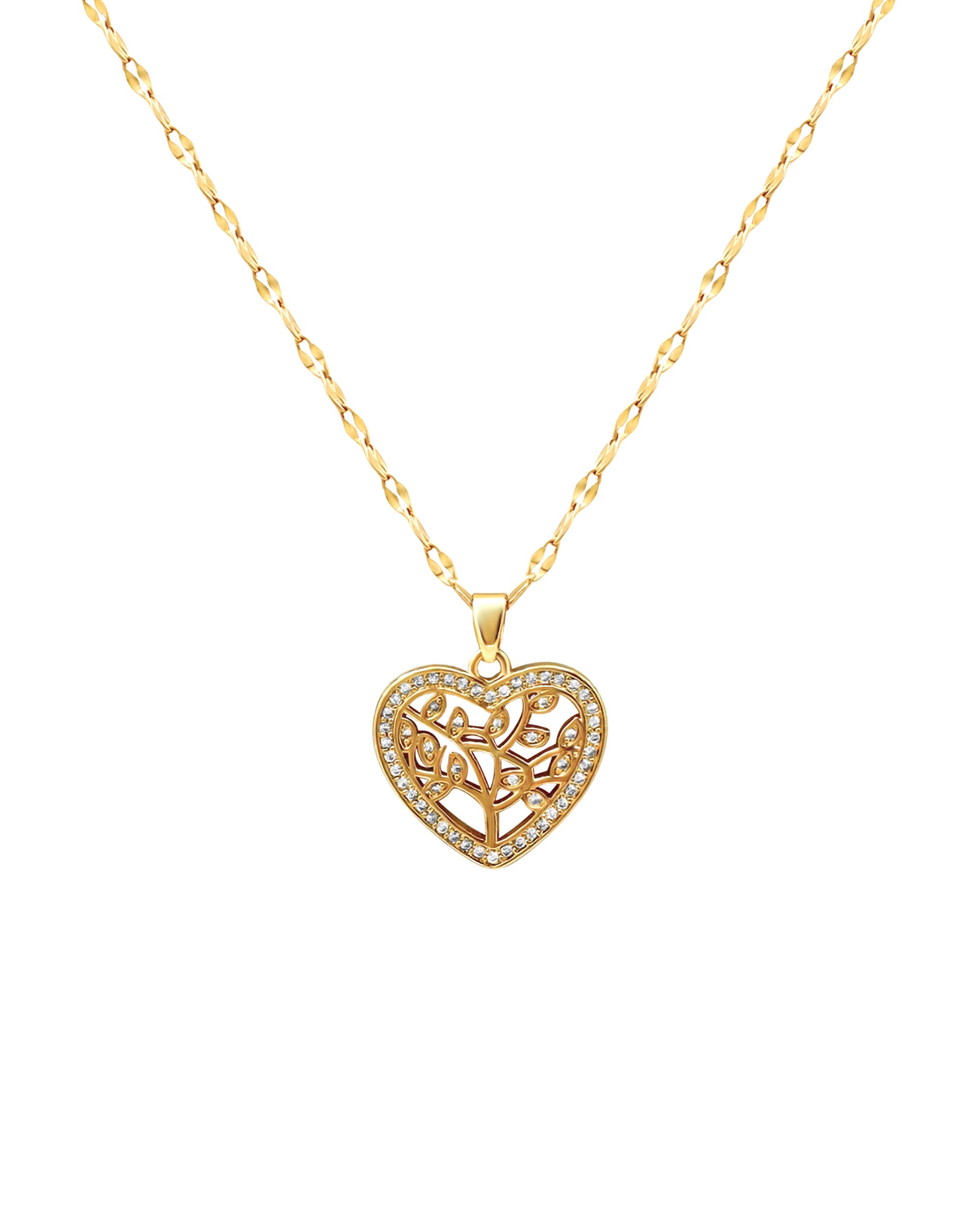 COLLIER EN ACIER DORE PENDENTIF COEUR AVEC ARBRE DE VIE