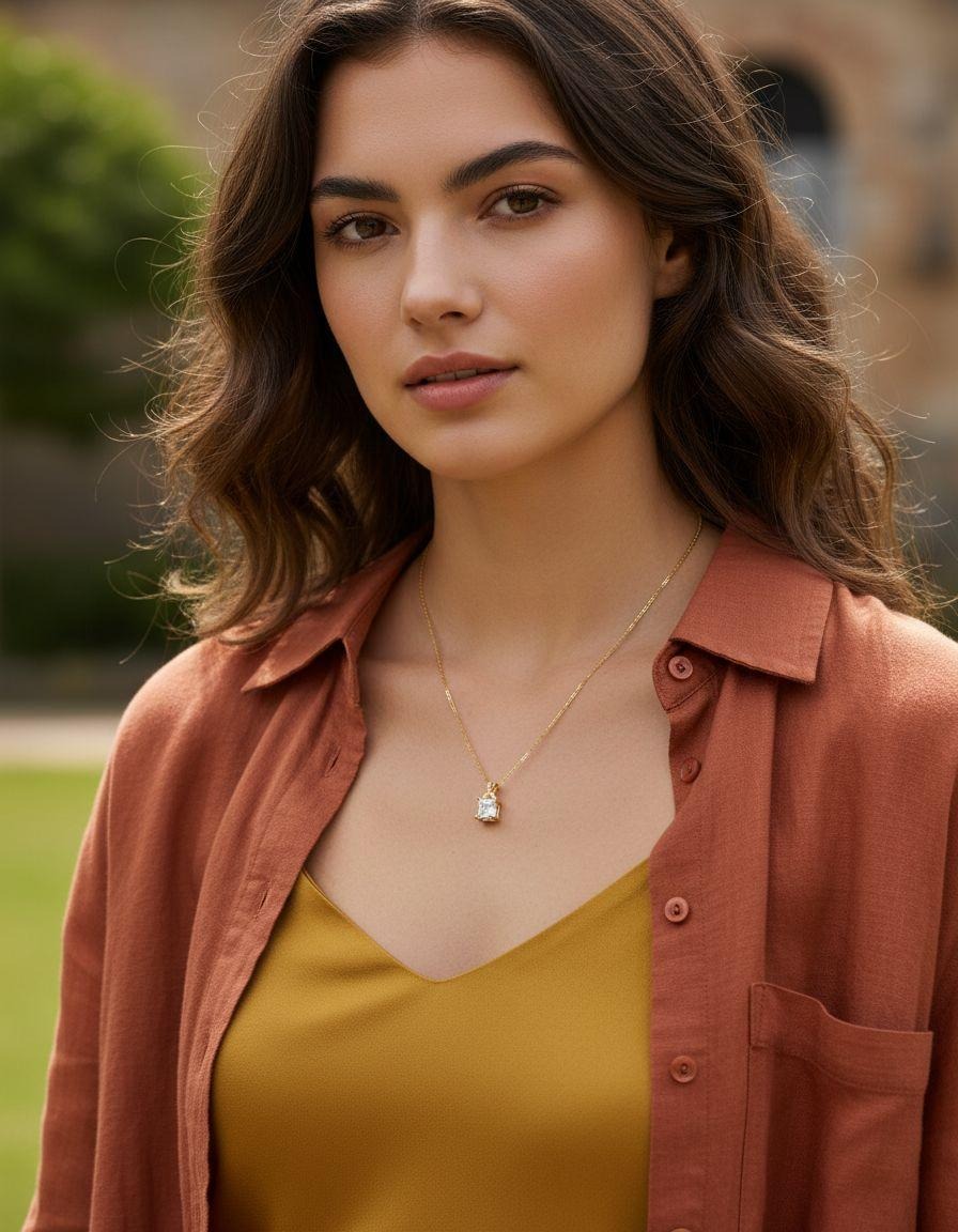 COLLIER EN ACIER DORE PENDENTIF CARRE AVEC SOLITAIRE