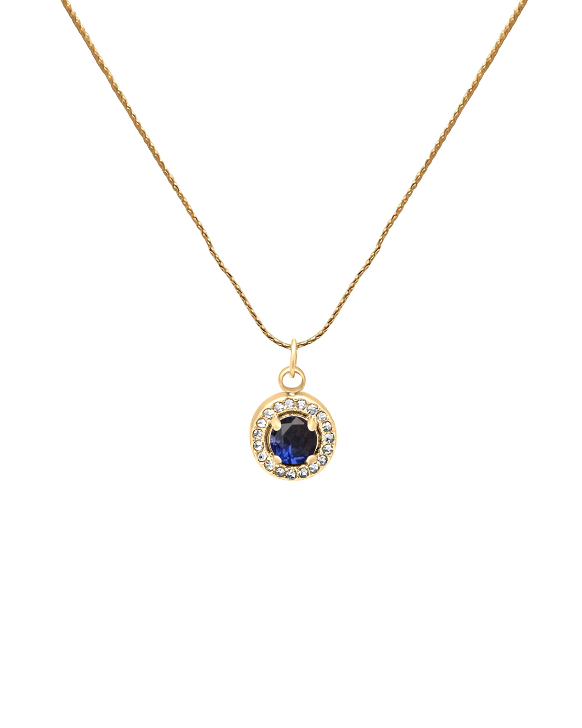 COLLIER EN ACIER DORE PENDENTIF ROND AVEC STRASS ET SOLITAIRE SAPHIR