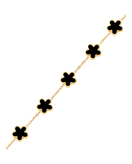 Vergulde stalen armband met bloemenmotief en zwarte parelmoer