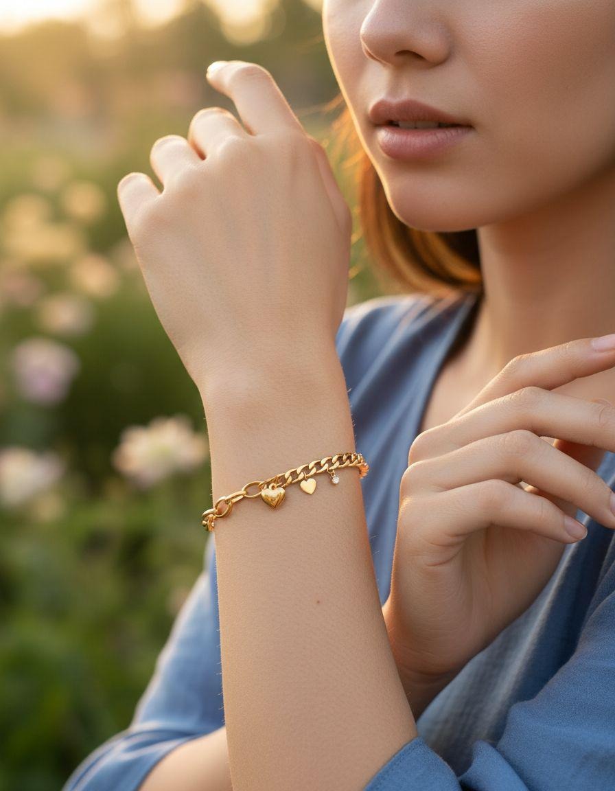 BRACELET EN ACIER DORE AVEC COEUR ET SOLITAIRE PENDANT