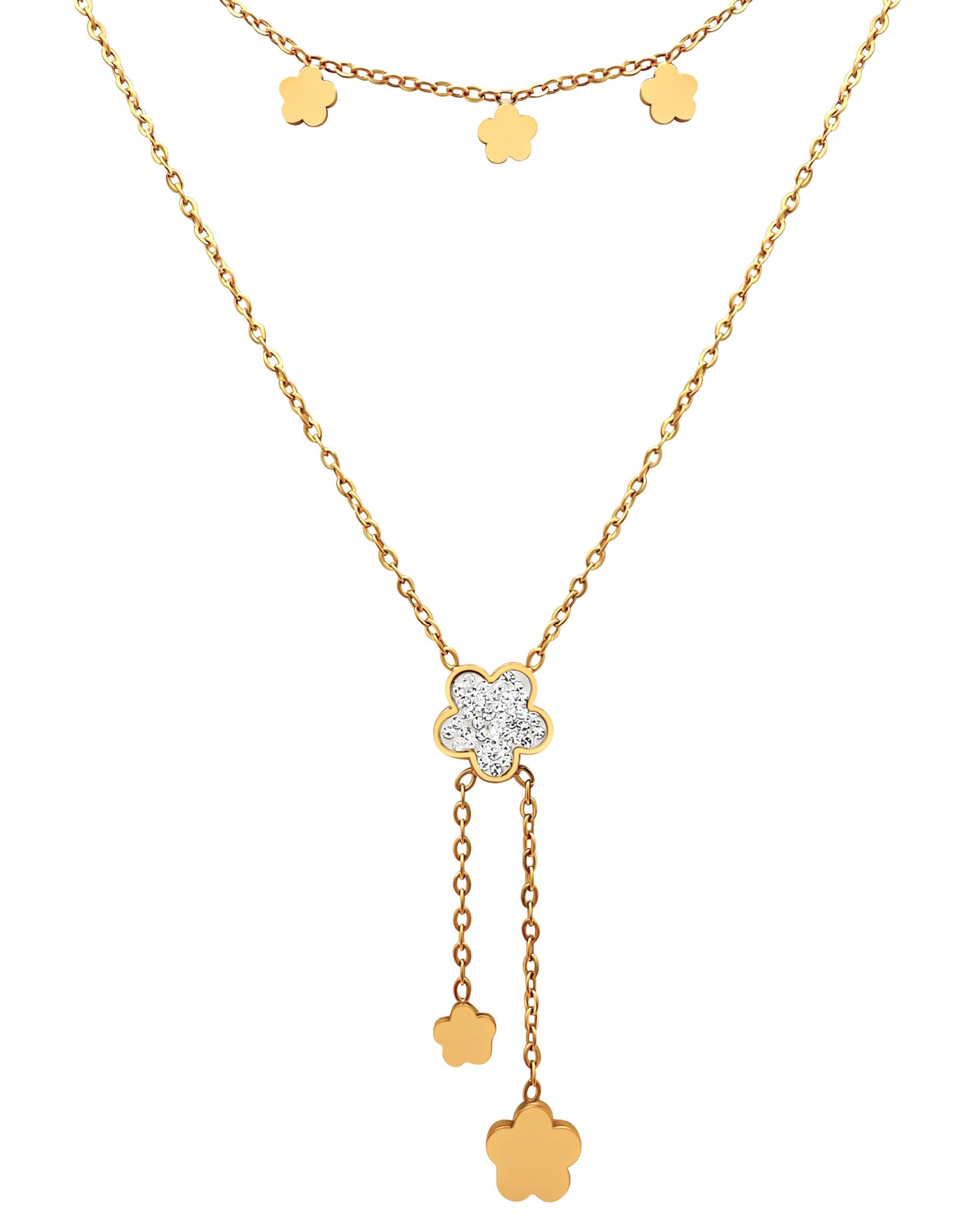 COLLIER EN ACIER DORE DOUBLE MAILLE AVEC FLEURS