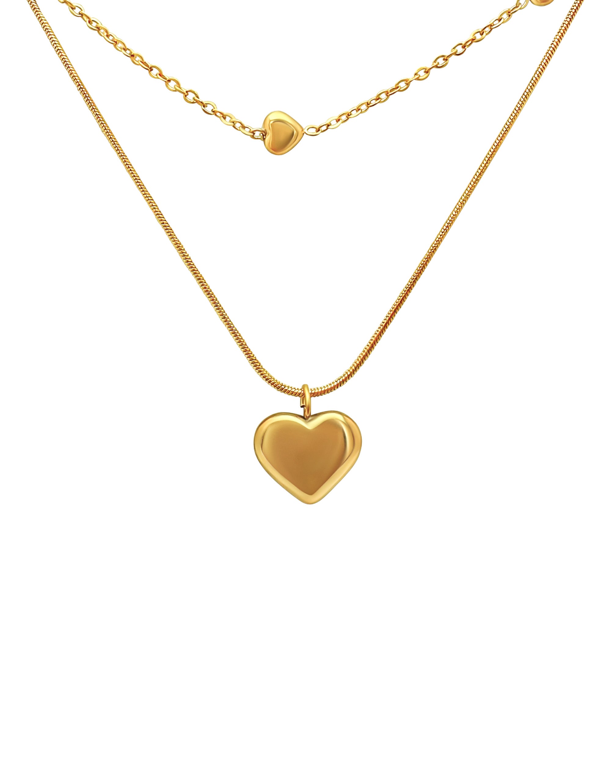 COLLIER EN ACIER DORE DOUBLE MAILLE AVEC COEURS